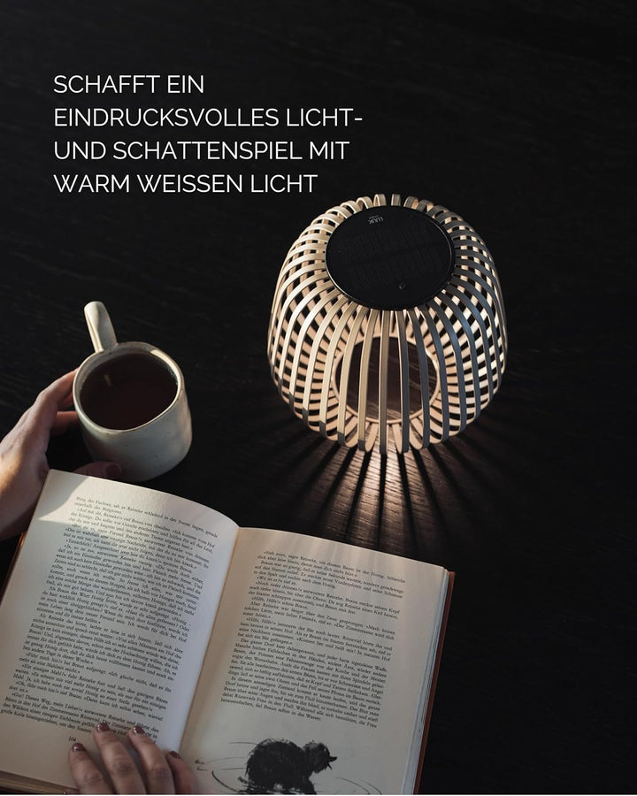 LUUK Studio Kabellose Tischlampe aufladbar via Solar & USB-C, modernes Boho Design, dimmbar & Windli