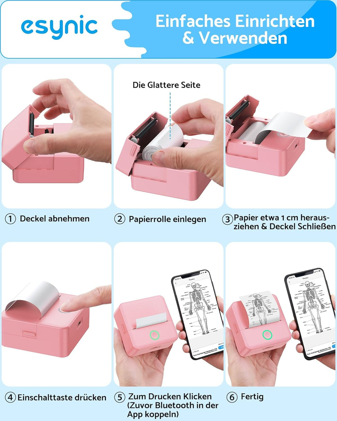 eSynic Mini Drucker – 200 DPI Thermodrucker Bluetooth Drucker für Smartphone, Kompakt und Tragbar, K