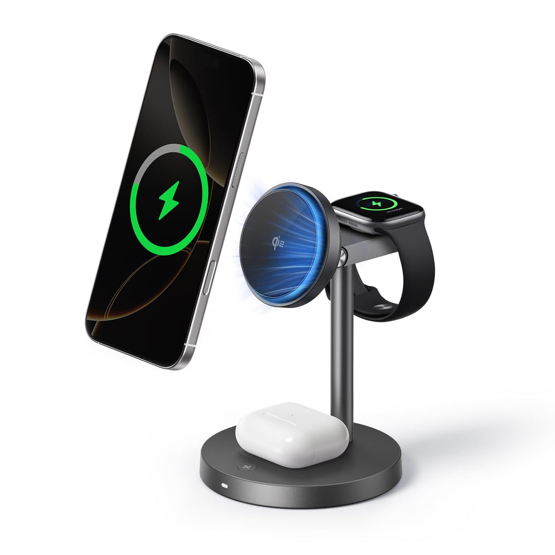 EcoFlow 3 in 1 Qi2 Magsafe Apple Ladestation mit Verstellbarer Ständer, Kabellose iPhone Ladestation