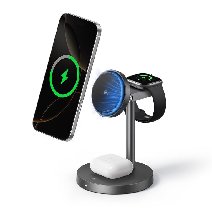 EcoFlow 3 in 1 Qi2 Magsafe Apple Ladestation mit Verstellbarer Ständer, Kabellose iPhone Ladestation