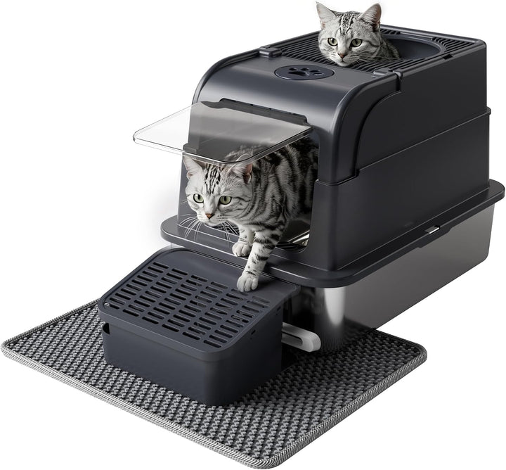 PAKEWAY Grosse Katzentoilette Edelstahl, XXL 3-in-1 Geschlossen &amp; Offen, Mit Klappdeckel &amp; Anti-Trac