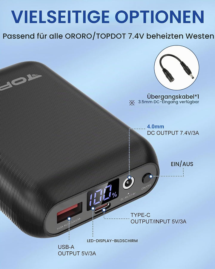 Topdot 16000mAh Powerbank für Heizweste, Beheizbarer Westen-Akkupack, DC- und USB-Ausgangsanschlüsse