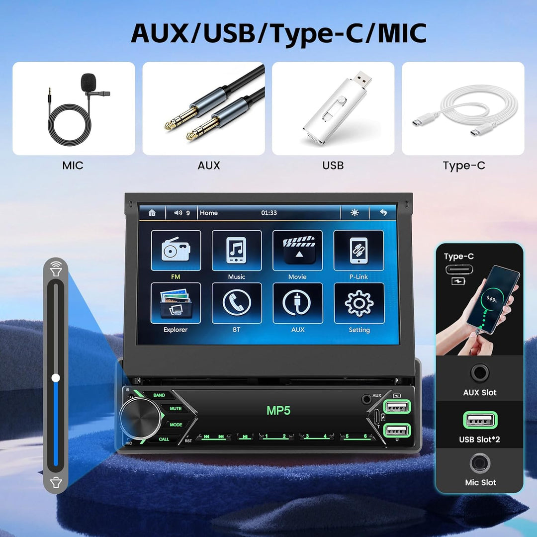 Hikity Autoradio 1 Din Bluetooth Bildschirm 7 Zoll Touch Ausfahrbarem Display Auto Radio mit Rückfah