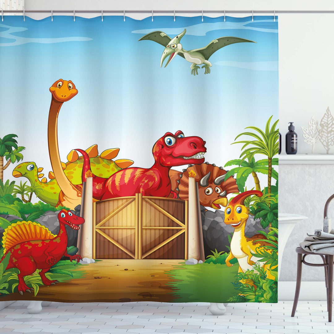 ABAKUHAUS Dino Duschvorhang, Cartoon-Dinosaurier in Park, Stoffliches Gewebe Badezimmerdekorationsse
