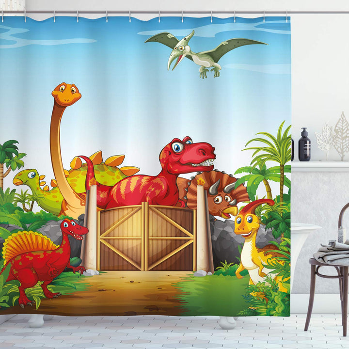ABAKUHAUS Dino Duschvorhang, Cartoon-Dinosaurier in Park, Stoffliches Gewebe Badezimmerdekorationsse