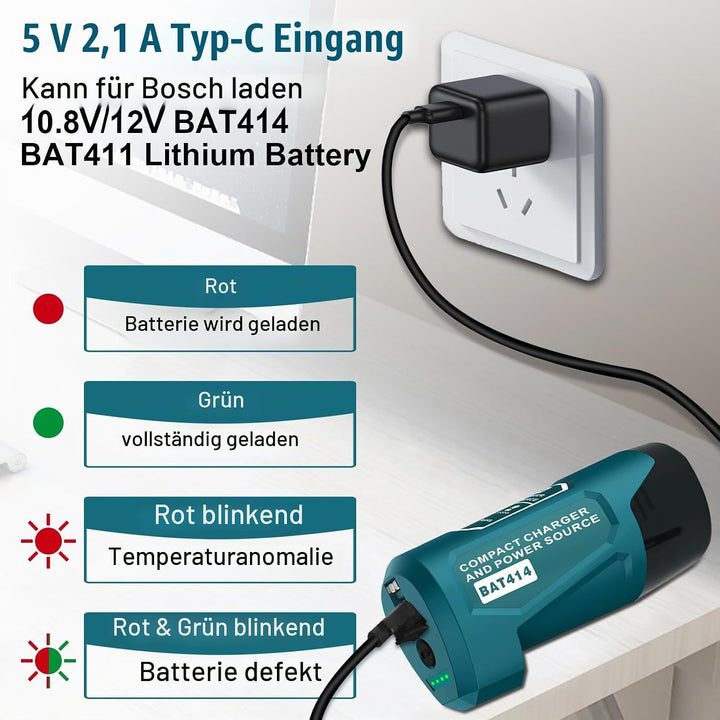 TPDL Adapter für Bosch GBA 12V Professional System mit DC-Anschluss und USB-Outport, Power Wheels, L