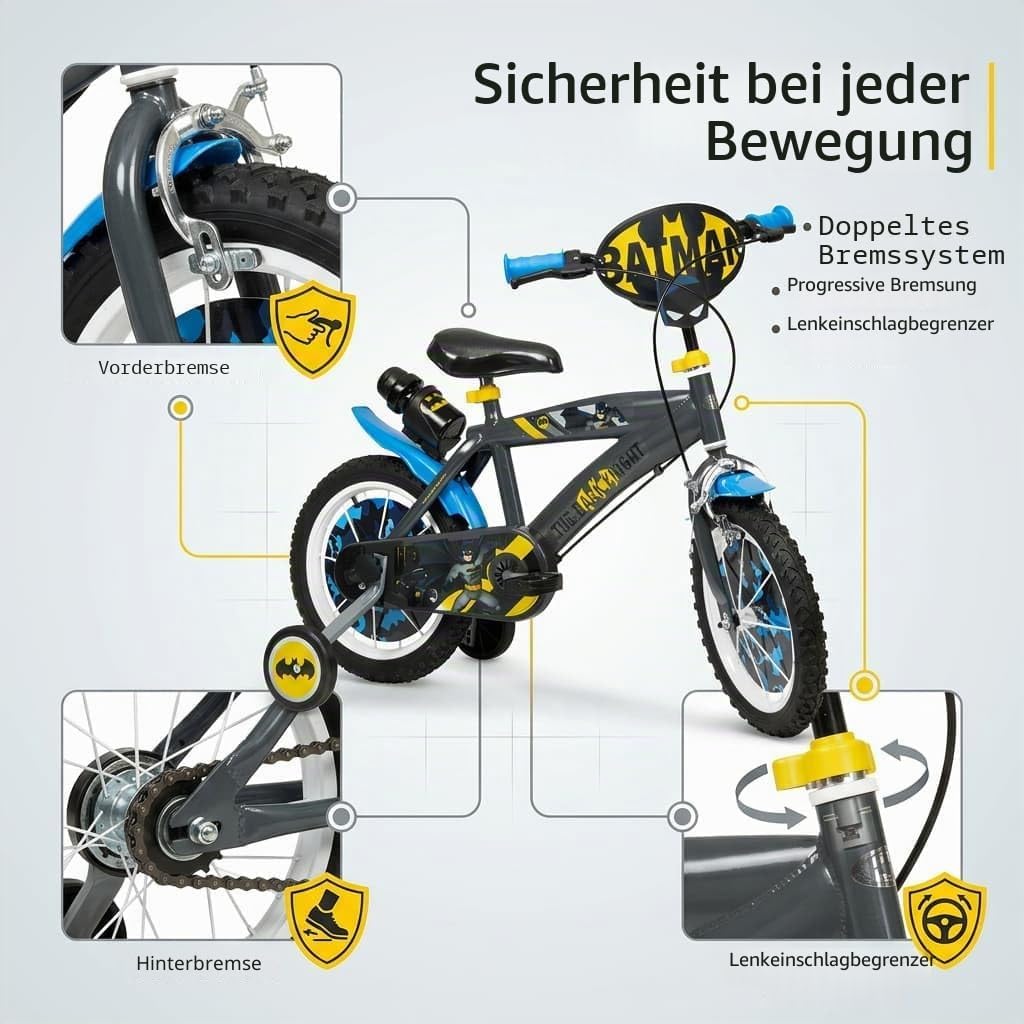 Toimsa Kinderfahrrad Batman 14 Zoll Schwarz/Blau/Gelb | Felgenbremse Trommelbremse Stützräder Speich