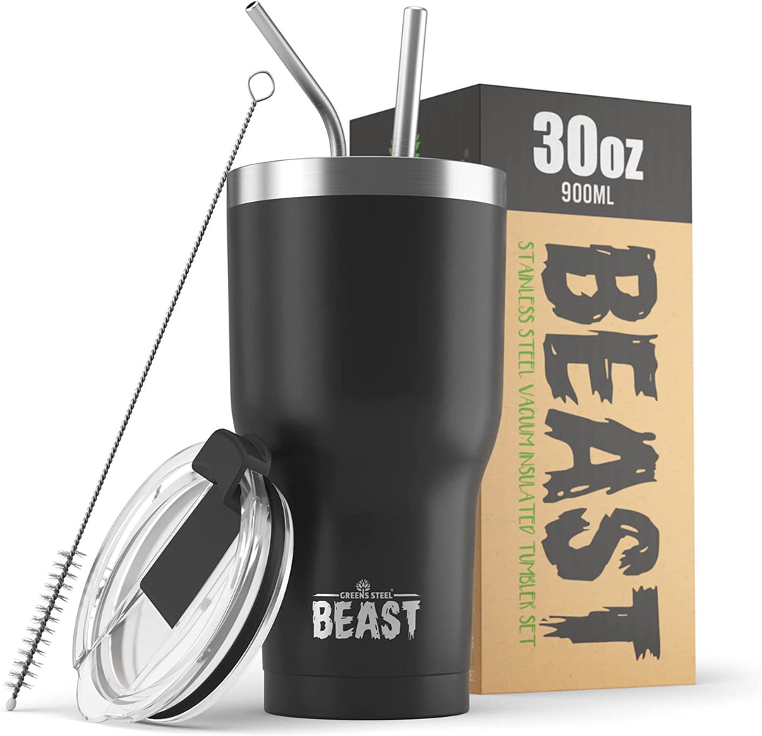 Beast Thermobecher 900 ml - Matt-schwarz I Mehrweg Thermo Kaffeebecher To Go mit 2 Strohhalmen & Rei