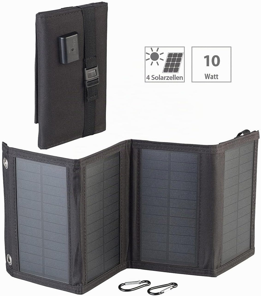 revolt Solar Ladegerät: Mobiles 10-Watt-Falt-Solarpanel mit USB-Ausgang, 5 V, 2 A, IP65 (Solarpanel