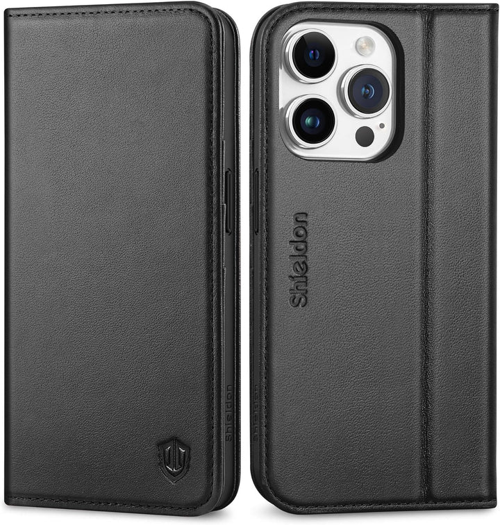 SHIELDON Hülle für iPhone 15 Pro 5G, Handyhülle [Echtleder] [Kartenfach] [Magnet] [Standfunktion] [R