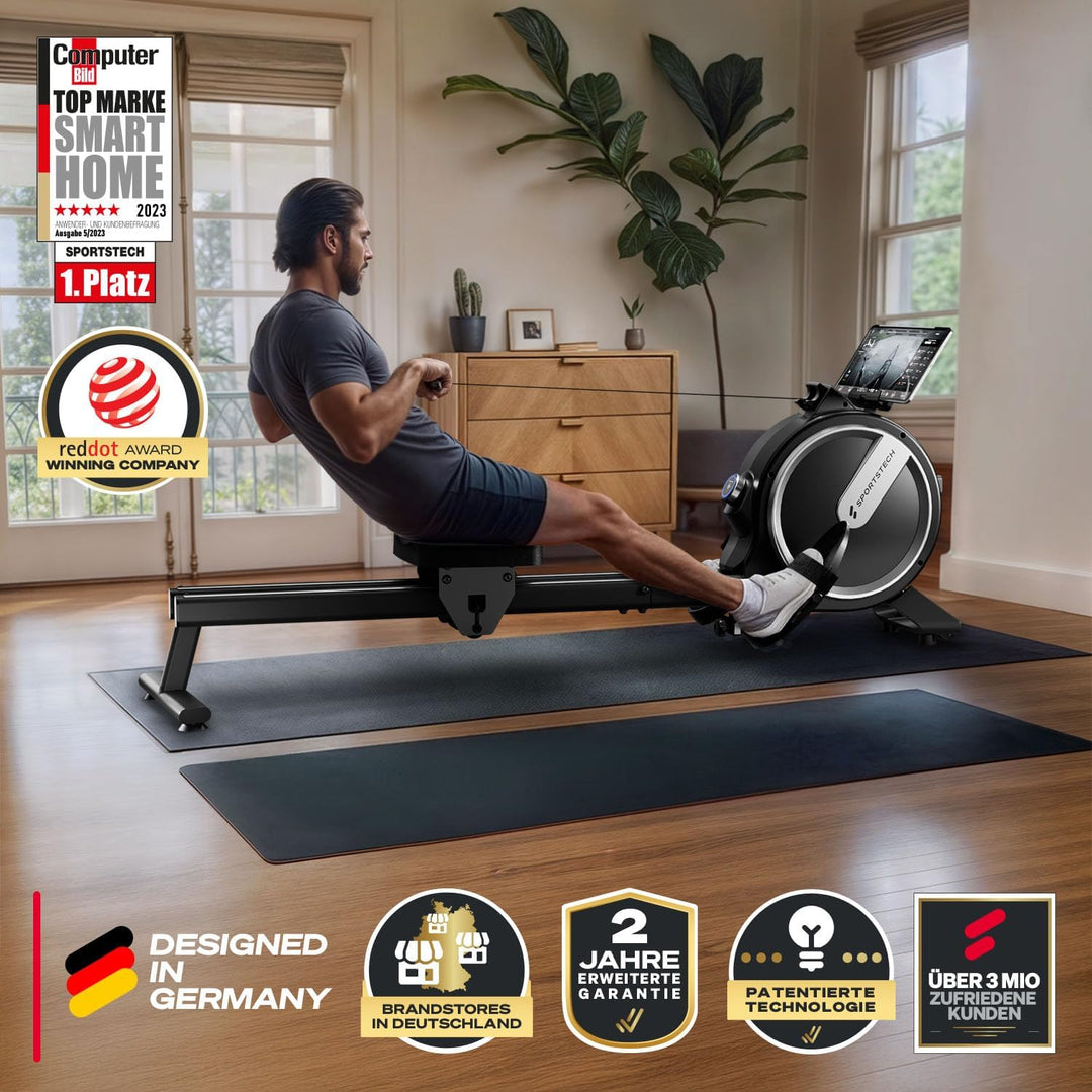Sportstech PROwer Rudergerät für Zuhause, 32 Stufen Magnetwiderstand, LED Display, Dual Slide Rail,
