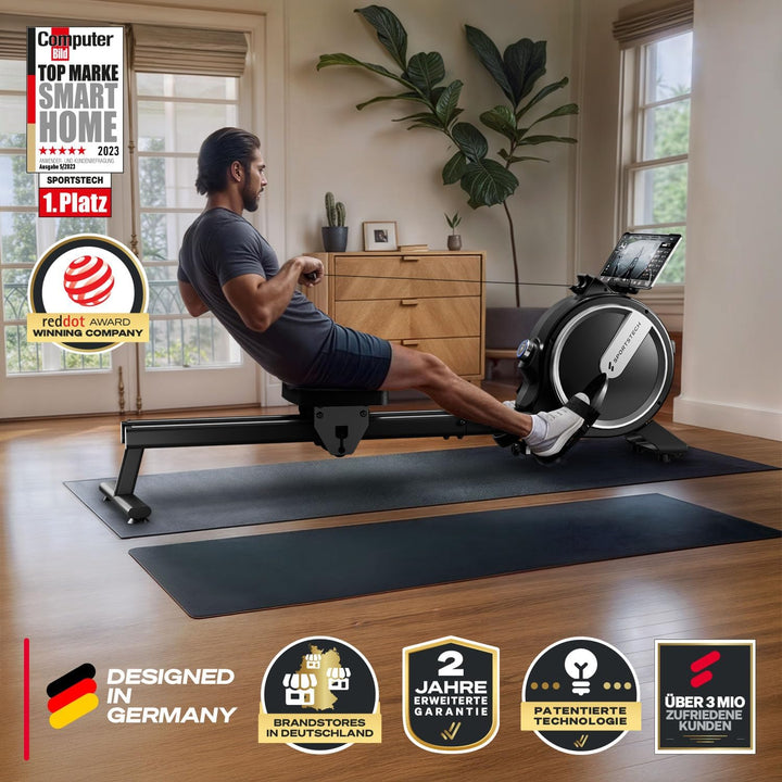 Sportstech PROwer Rudergerät für Zuhause, 32 Stufen Magnetwiderstand, LED Display, Dual Slide Rail,