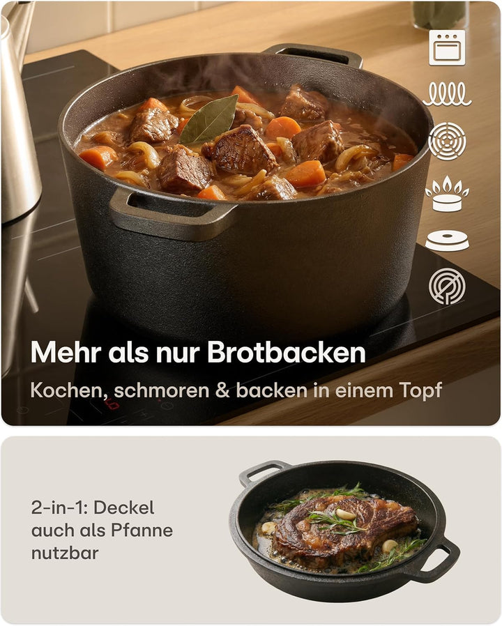 Praknu Gusseisen Topf für Brot Backen Set (26 cm Brottopf) – Inkl. Gärkorb, Brotbeutel & Brotbacktop