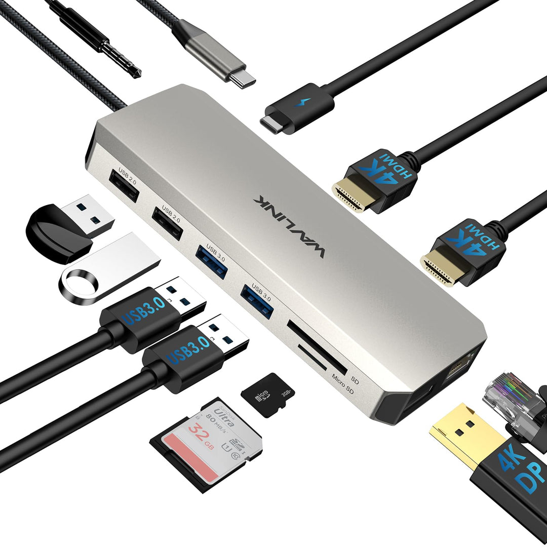 WAVLINK 12-in-1 USB C Docking Station, Dual HDMI Dockingstation USB C, Multiport-Adapter mit 4K Dual