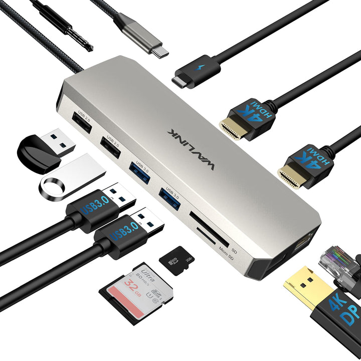 WAVLINK 12-in-1 USB C Docking Station, Dual HDMI Dockingstation USB C, Multiport-Adapter mit 4K Dual