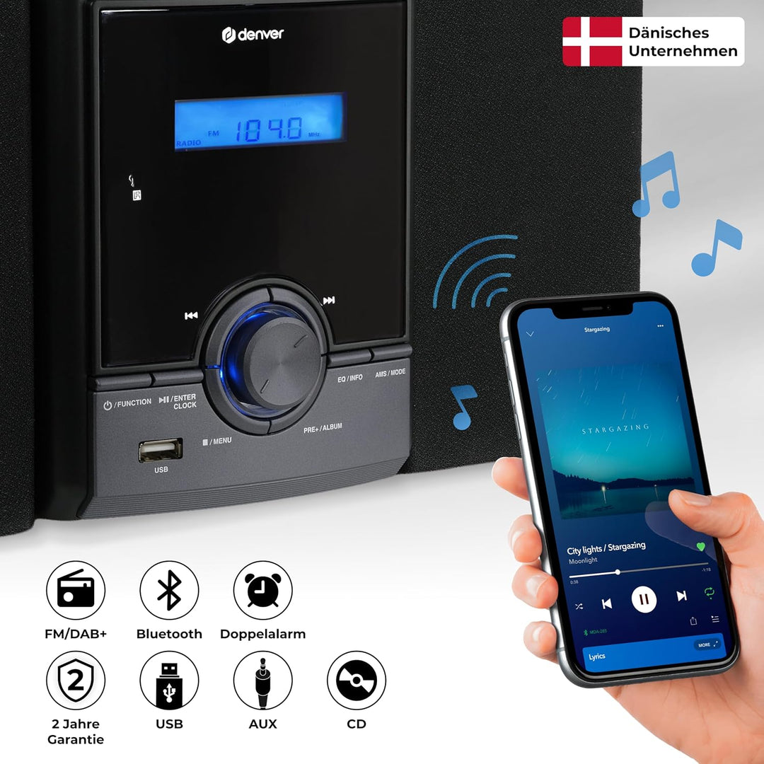 Denver MDA-285 Musiksystem – DAB+ & FM Radio mit Plattenspieler, CD-Player, Bluetooth & AUX, Echthol
