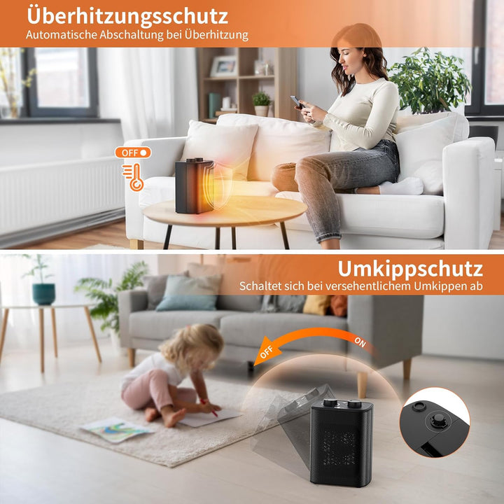 aeco EcoHeat One Heizlüfter klein 2000W energiesparend 3 Heizstufen Elektroheizung PTC Keramik Therm