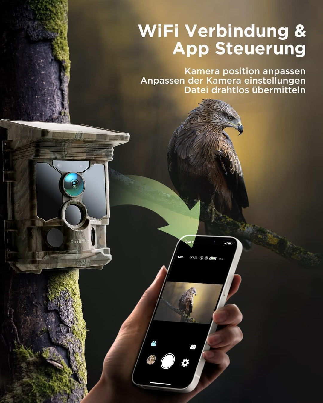 CEYOMUR Solar Wildkamera mit Handyübertragung App, 4K 68MP Wildkamera WLAN | Klare Nachtsicht, 120°