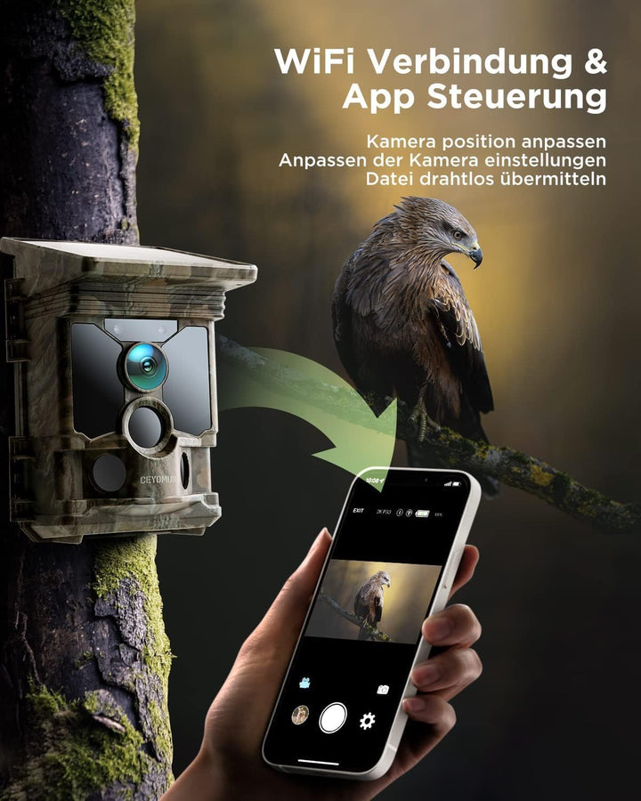 CEYOMUR Solar Wildkamera mit Handyübertragung App, 4K 68MP Wildkamera WLAN | Klare Nachtsicht, 120°