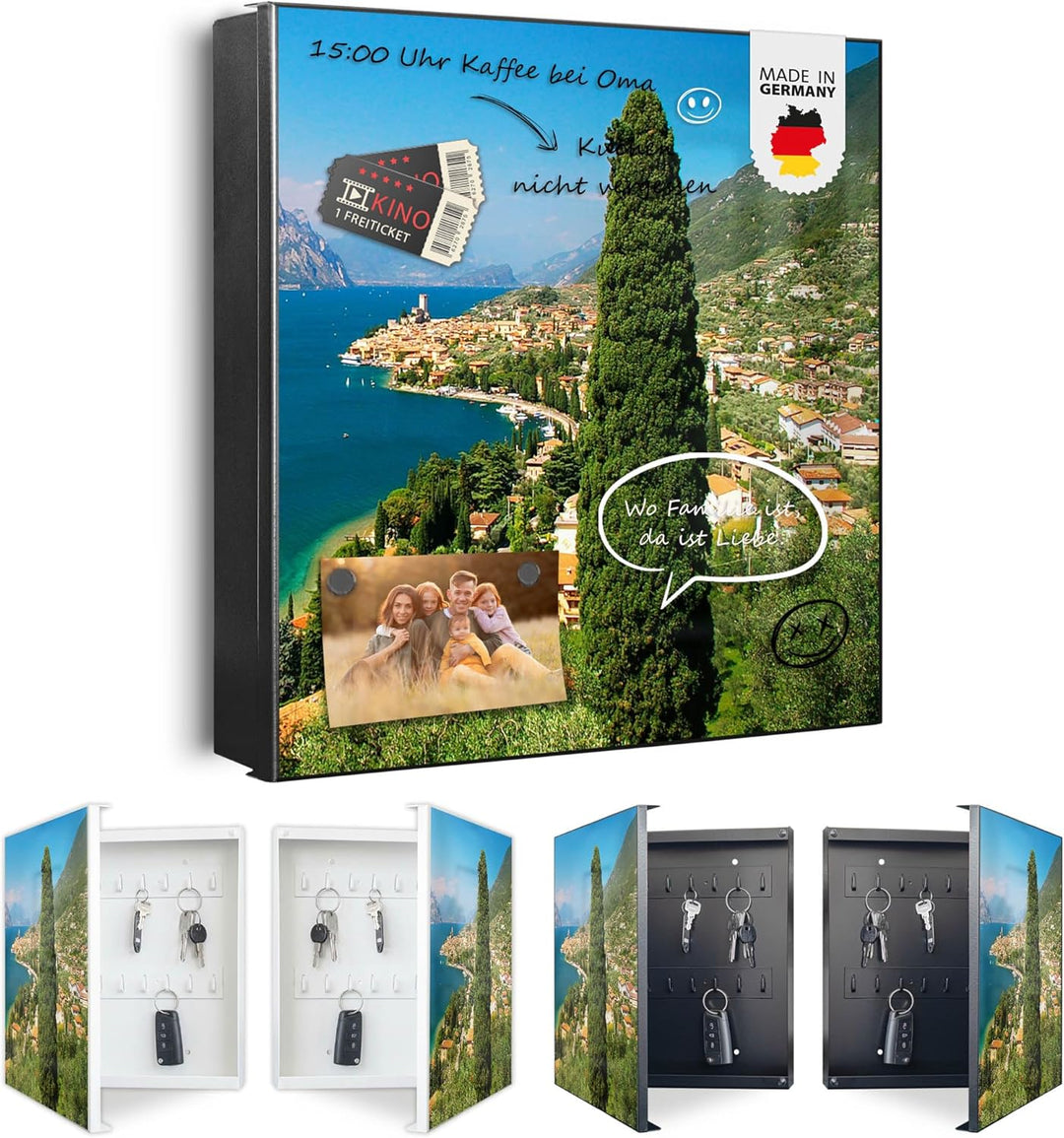 banjado® Grosser Schlüsselkasten Glas/Schlüsselbox 30cm x 30cm mit 50 Haken - Motiv Gardasee/Schlüss