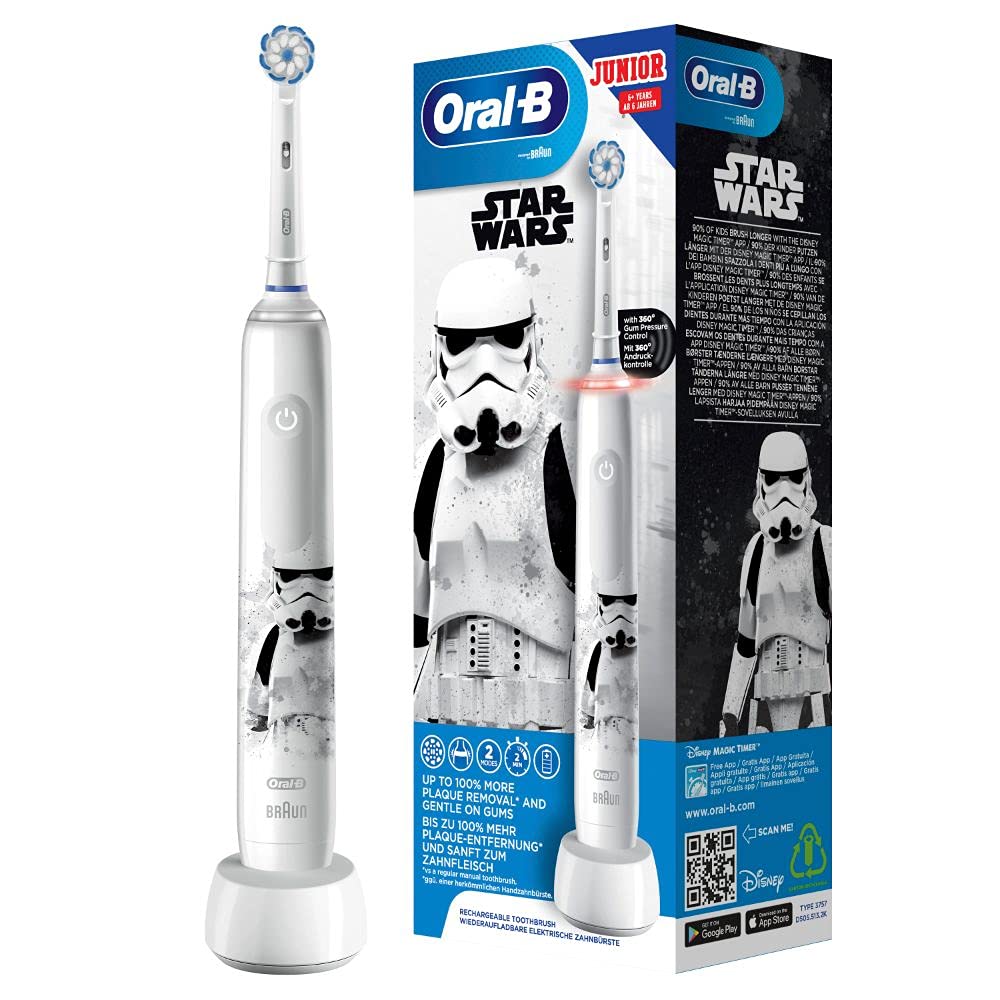 Oral-B Junior Star Wars Elektrische Zahnbürste für Kinder ab 6 Jahren, 360°-Andruckkontrolle, weiche