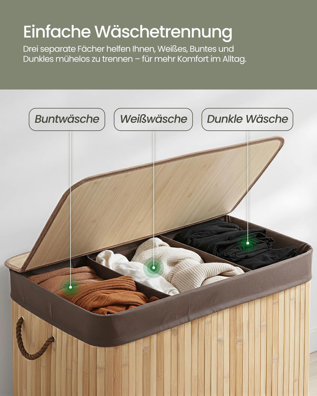 G21 Bambus Wäschekorb 3 Fächer 150L, Stabiler Wäschesammler mit Deckel und mit Henkel, Braune Wäsche