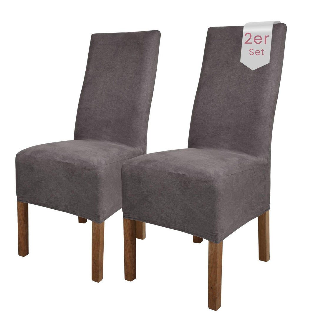 SCHEFFLER-Home Stuhlhussen 2er Set Leon Grau/elastische Wildleder Hussen für Stühle/Robustes Freisch