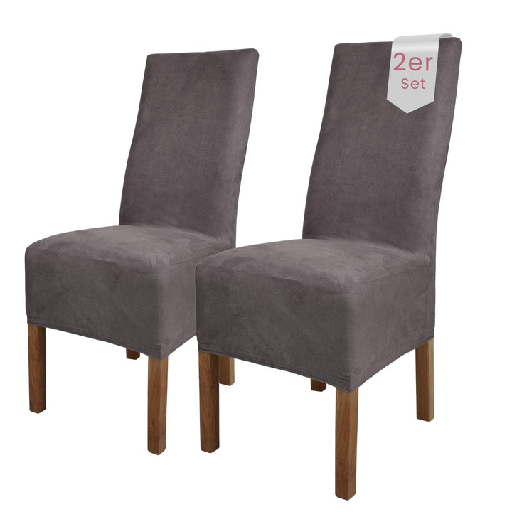 SCHEFFLER-Home Stuhlhussen 2er Set Leon Grau/elastische Wildleder Hussen für Stühle/Robustes Freisch
