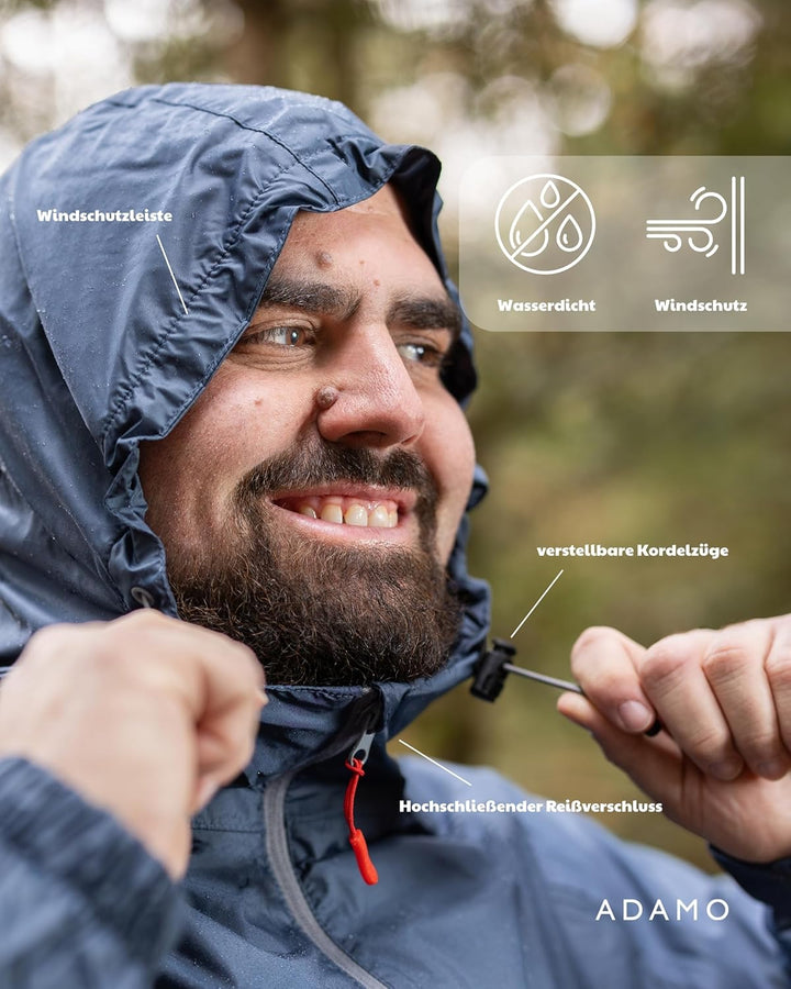 ADAMO Regenjacke Herren wasserdicht atmungsaktiv, Outdoor Jacke in Übergrösse mit Kapuze aus 100% sc