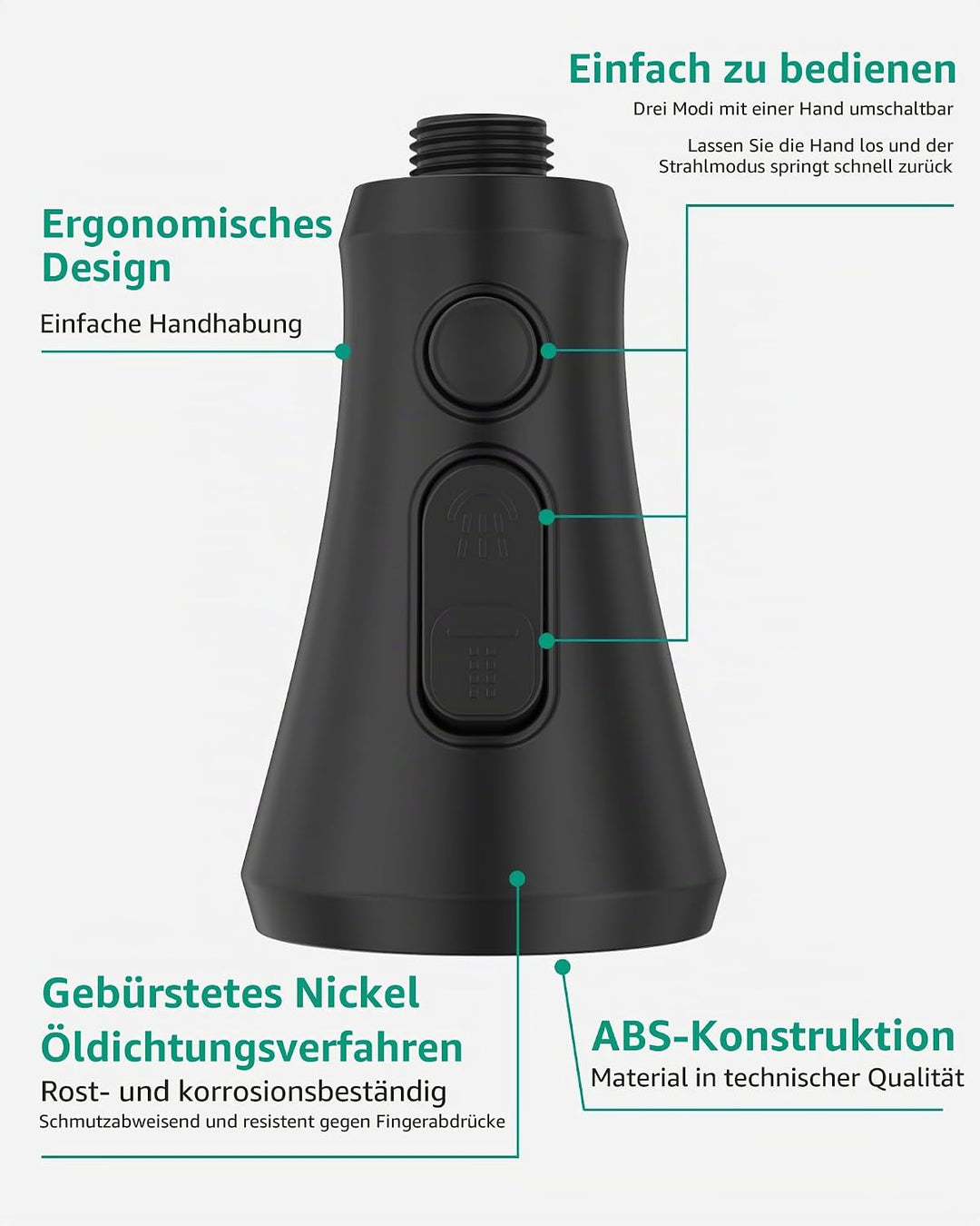 Mbillion ABS-Küchenarmaturkopf, Universal-Sprühdüse mit 3 Funktionen, mit 14 Adaptern, mattschwarz,