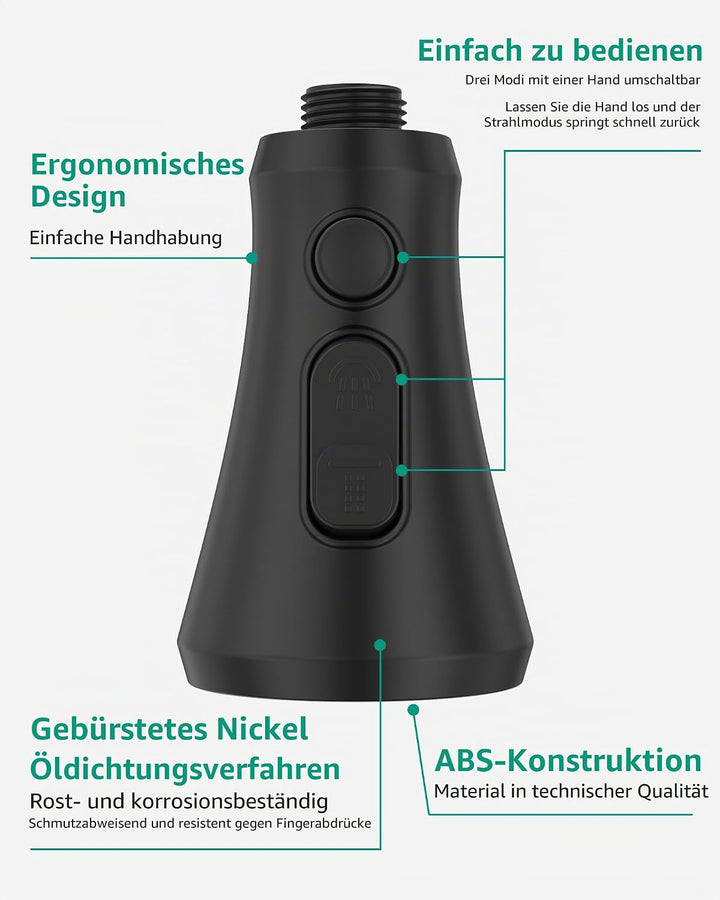 Mbillion ABS-Küchenarmaturkopf, Universal-Sprühdüse mit 3 Funktionen, mit 14 Adaptern, mattschwarz,