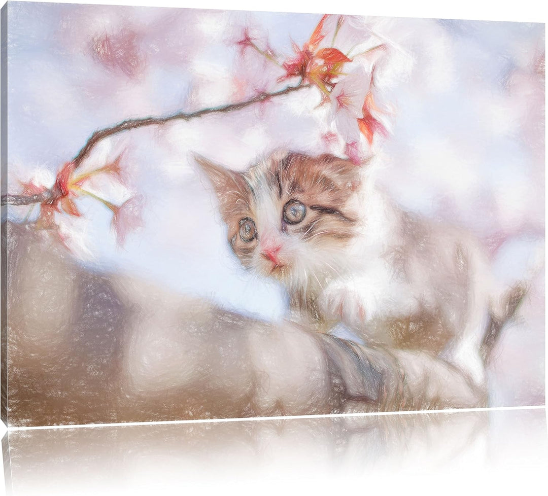 Pixxprint Süsses Kätzchen im Kirschbaum Kunst Buntstift Effekt, Format: 100x70 auf Leinwand, XXL rie