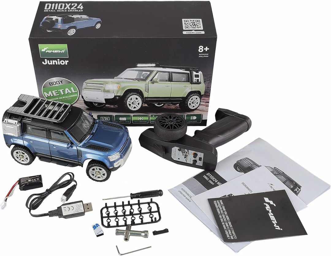 Amewi D110X24 Metall Scale RC Crawler ferngesteuertes Auto 4WD 1:24 RTR blau, Blau