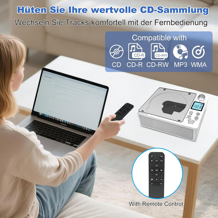 Tragbarer CD-Player mit Bluetooth 5.3 Sender & Empfänger, 4000mAh Akku, HiFi-Sound, USB/TF/AUX, LED-
