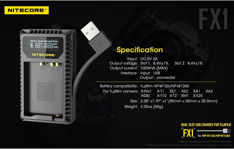 Nitecore FX1 Compacte Dubbel Lader voor Fujifilm NP FW126 (S) + USB, Schwarz Fuji W126/s, Fuji W126/