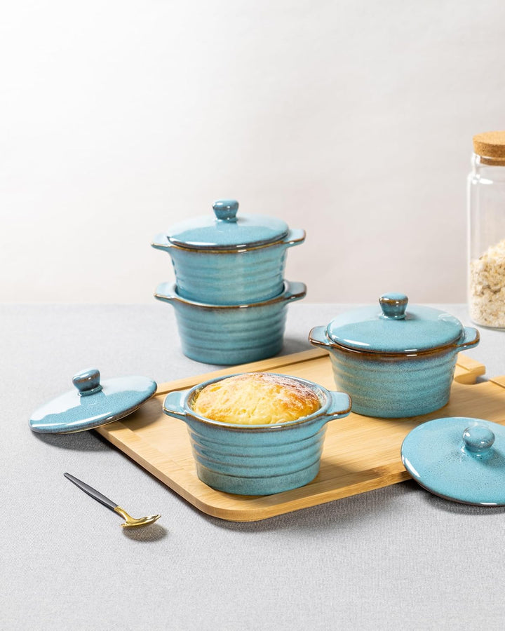 HENXFEN LEAD Mini Cocottes aus Steinzeug, 230ml Auflaufförmchen Souffle Förmchen mit Deckel, 4er-Set