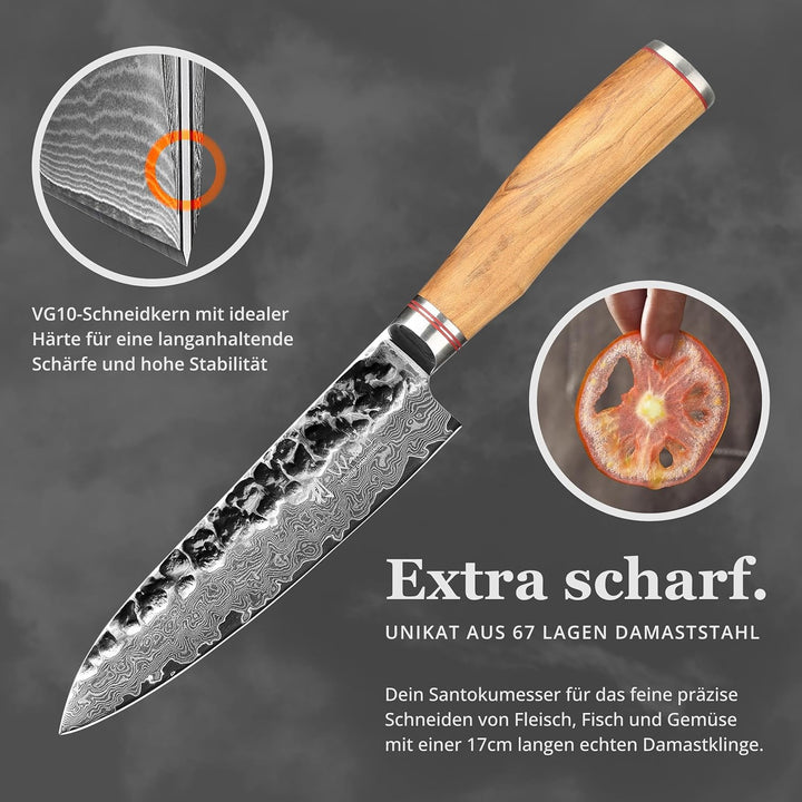 Wakoli Olive Santoku Messer aus echtem Damaststahl (VG10 Kern) 17cm Klinge – Scharfes Damast Küchenm
