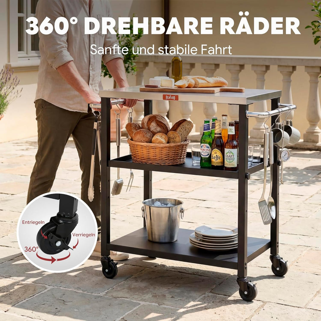 Feasto 3 Etagen mobiler Grilltisch mit Edelstahl - Arbeitsplatte, 2 Griffen, höhenverstellbarer Mitt