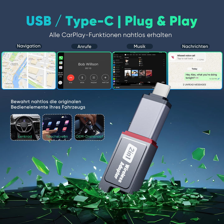 SALCAR CarPlay Wireless Adapter für iPhone & Android | 2 in 1 | 2025 Upgrade | Dualband 5,8 GHz Auto