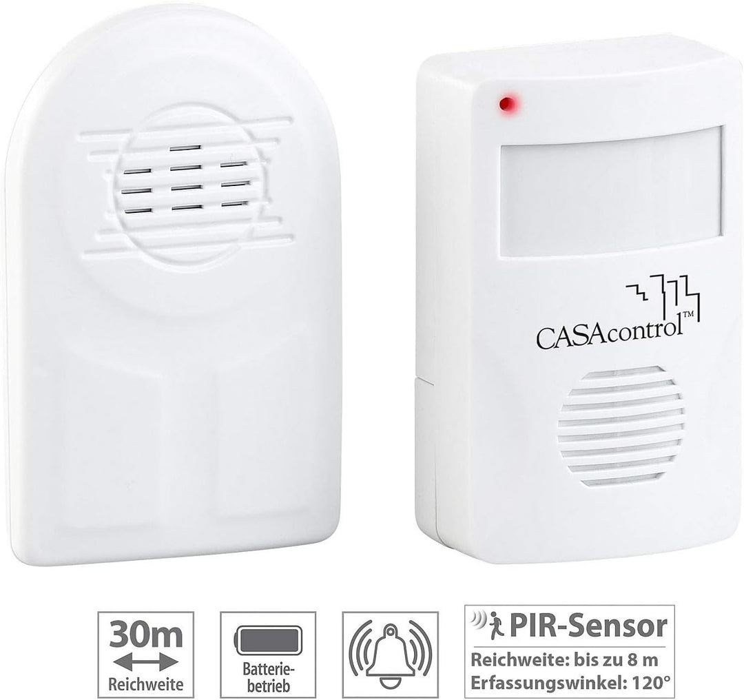 CASAcontrol Bewegungsmelder: Batterie-Funk-Durchgangsmelder, PIR-Bewegungssensor, Klingel-Funktion (