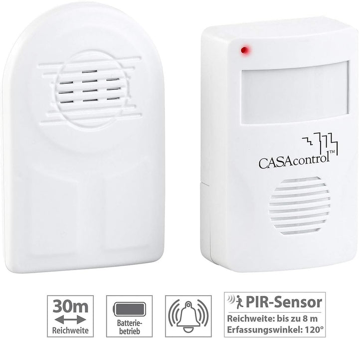 CASAcontrol Bewegungsmelder: Batterie-Funk-Durchgangsmelder, PIR-Bewegungssensor, Klingel-Funktion (