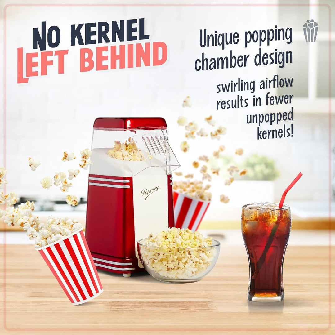 Nostalgia Heissluft-Elektropopcornmaschine, 1,9 Liter, Gesunde Öl-freie Popcorn mit Messlöffel, Retr