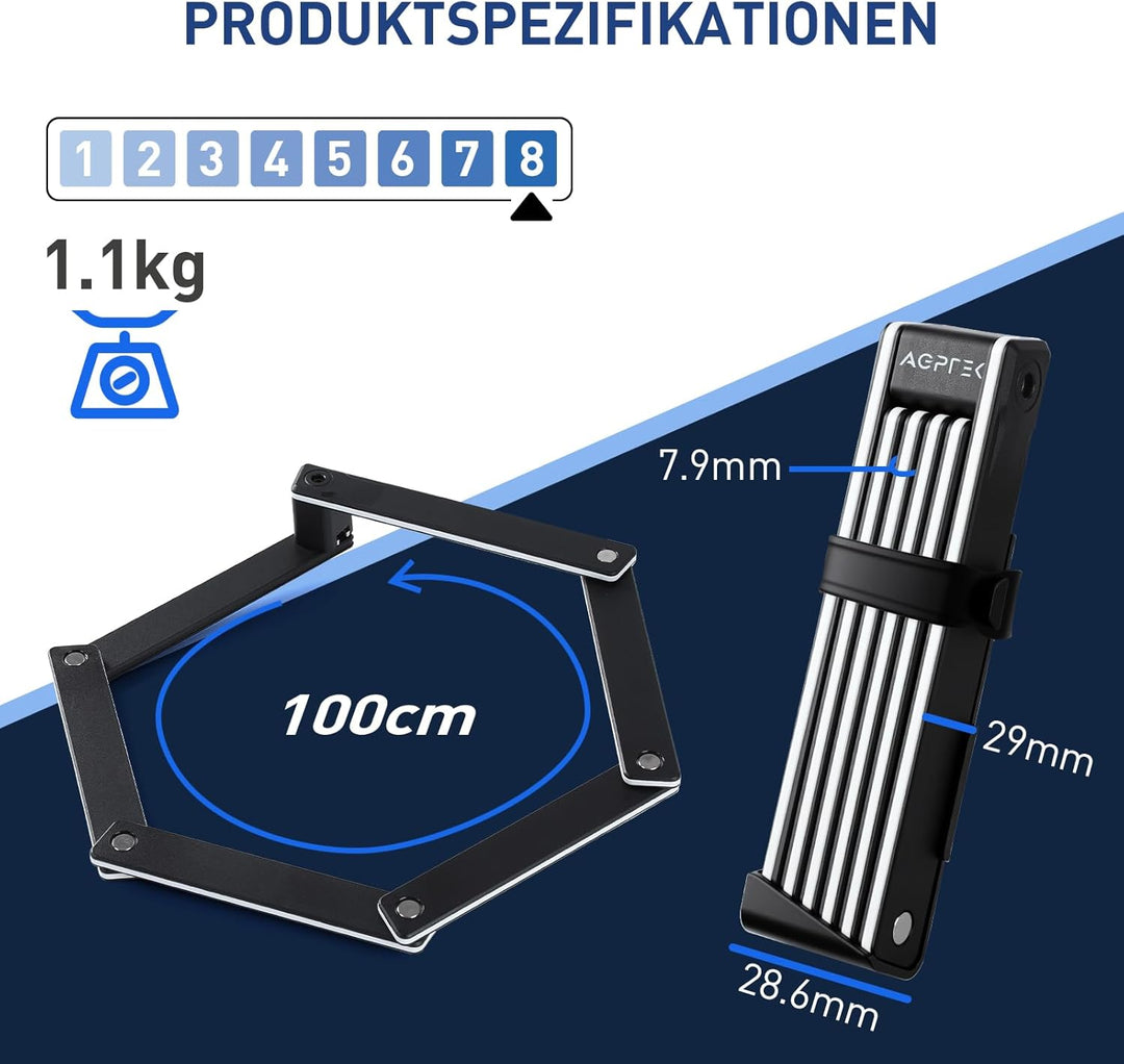 AGPTEK Faltschloss Fahrrad 100cm, Fahrradschloss mit Rostfrei Schlosskern und Antirutsch-Gummiband,
