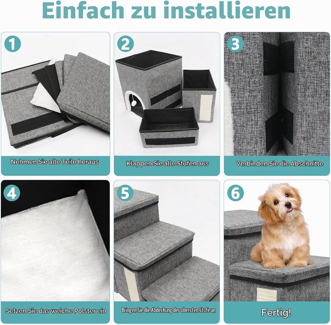 Newthinking Hundetreppe 3 Stufen mit Stauraum, rutschfeste &amp; Faltbare Treppe für kleine Hunde, älter