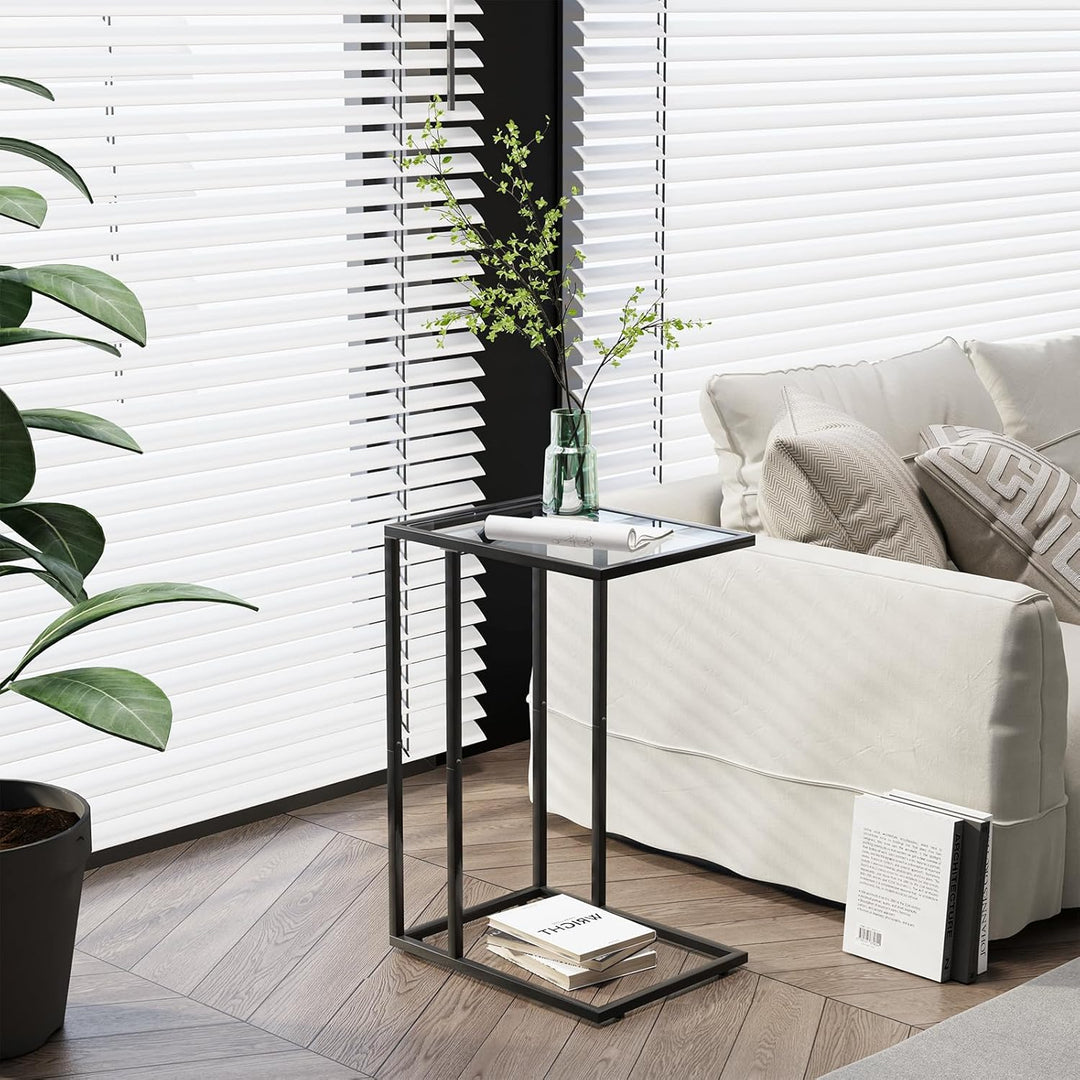Huhote C-förmiger Beistelltisch 2er Set, Glas-Beistelltisch für Couch, Sofatisch mit Metallrahmen, C
