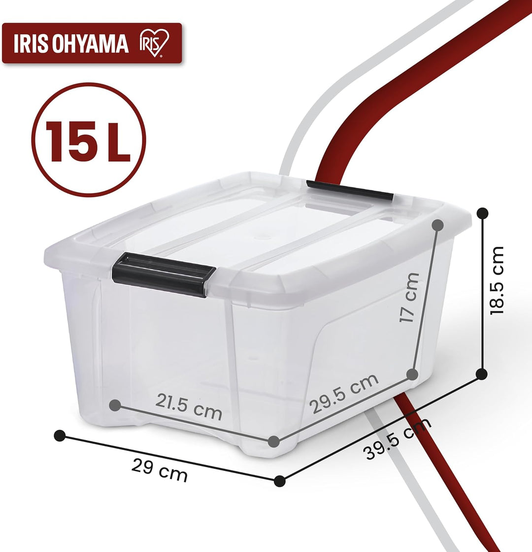 Iris Ohyama, 6er-Set, Aufbewahrungsboxen, 15 L, mit Clips, stapelbar, Wohnzimmer, Schlafzimmer, Gara