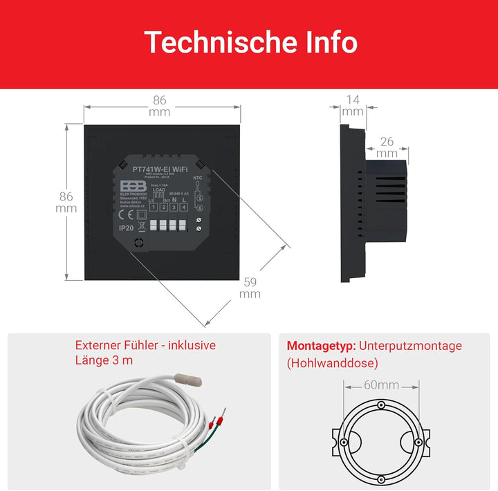 Elektrobock PT741B-EI Raumthermostat mit WiFi | Smartes Thermostat für Fussbodenheizung & Elektrohei