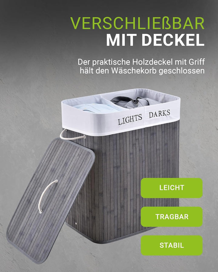 Juskys Bambus Wäschekorb Curly Grau 100L - Hygienischer Wäschekorb mit Deckel, Tragegriff & Wäschesa