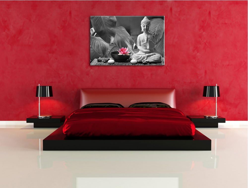 Buddha mit Seerose schwarz/weiss Format: 100x70 auf Leinwand, XXL riesige Bilder fertig gerahmt mit