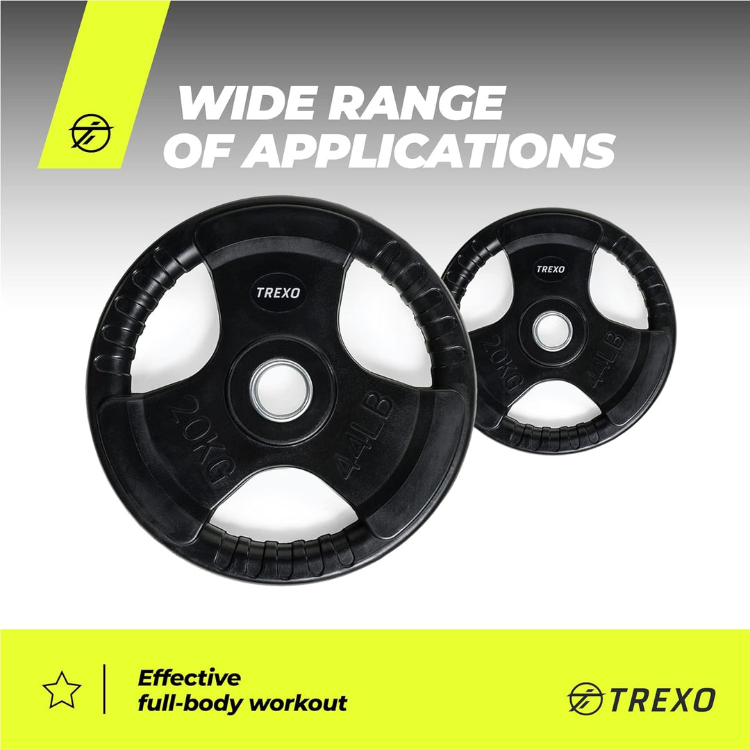 TREXO BelastungScheibe mit Griffen Gusseisen beschichtet für Langhanteln Langlebige ergonomische Sch